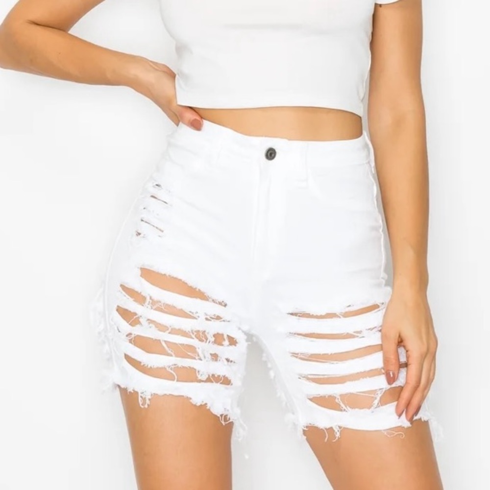 Aphrodite White Women's Super High Waisted Distressed Shorts with Cut Outs